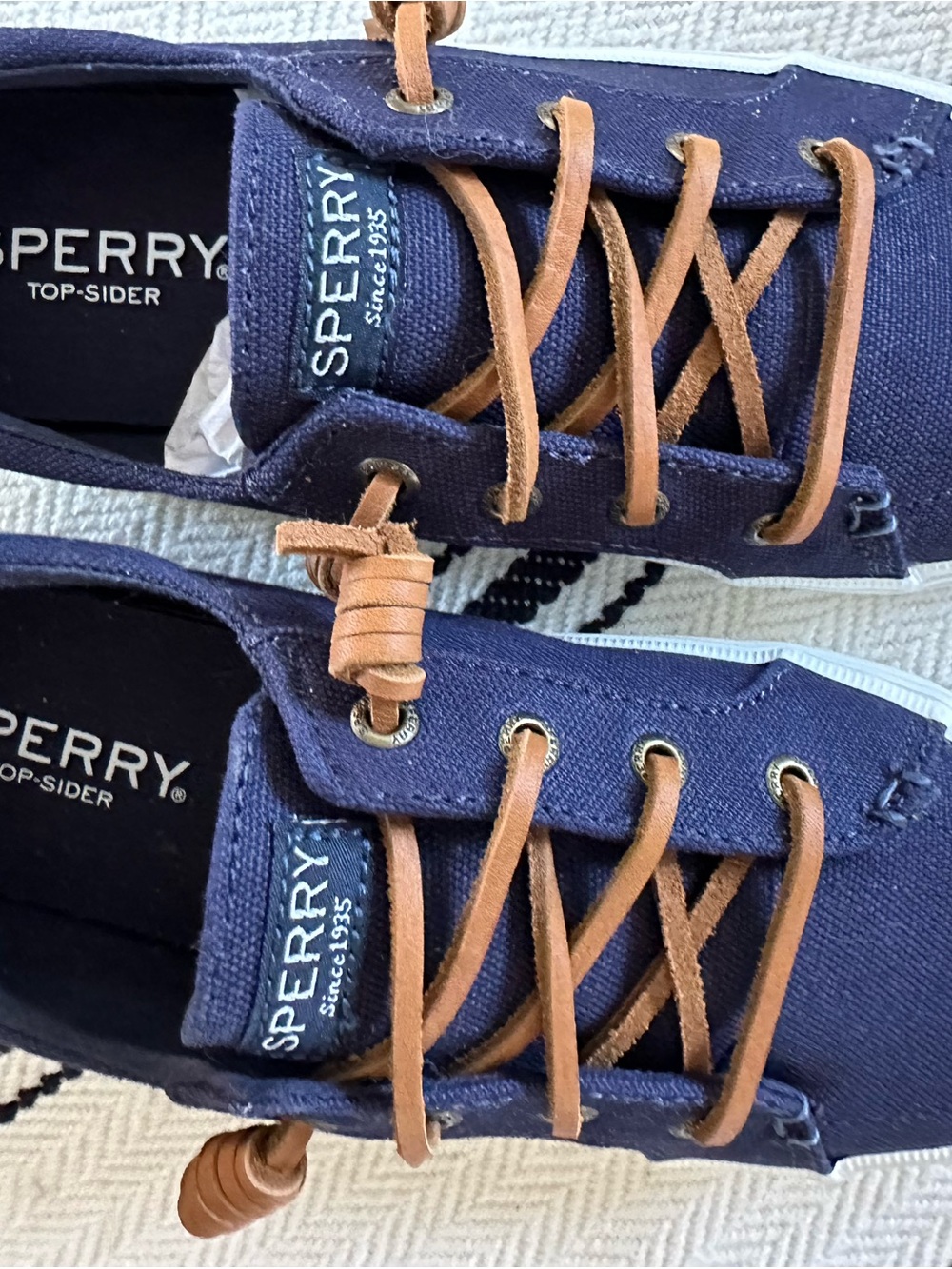 Sperry Top Siders navy with leather strings. - Picture 3 of 6